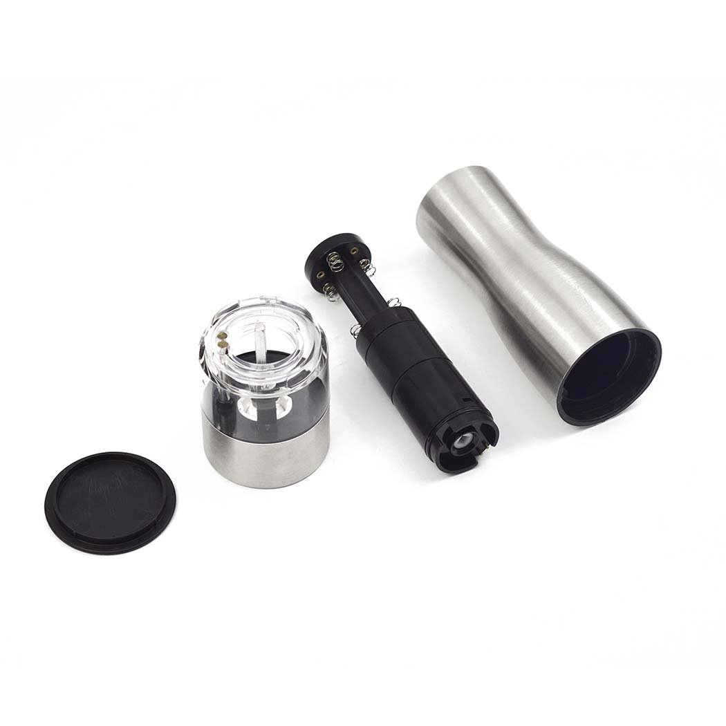 Stainless Steel Electric Salt Pepper Grinder Set with ceramic mills and shakers, showcasing a sleek brushed finish and clear viewing window.