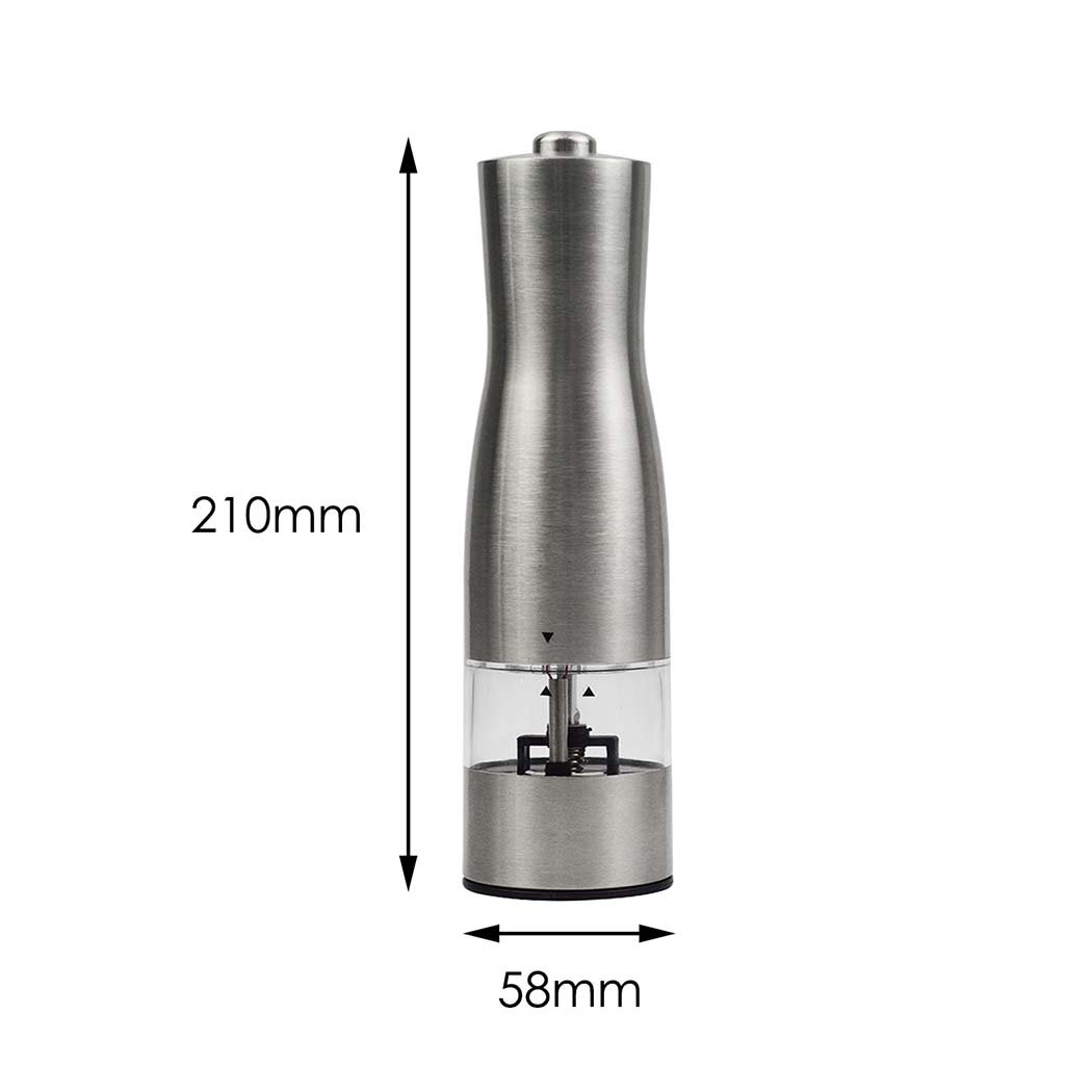 Stainless Steel Electric Salt Pepper Grinder Set with ceramic mills and shakers, showcasing a sleek brushed finish and clear viewing window.