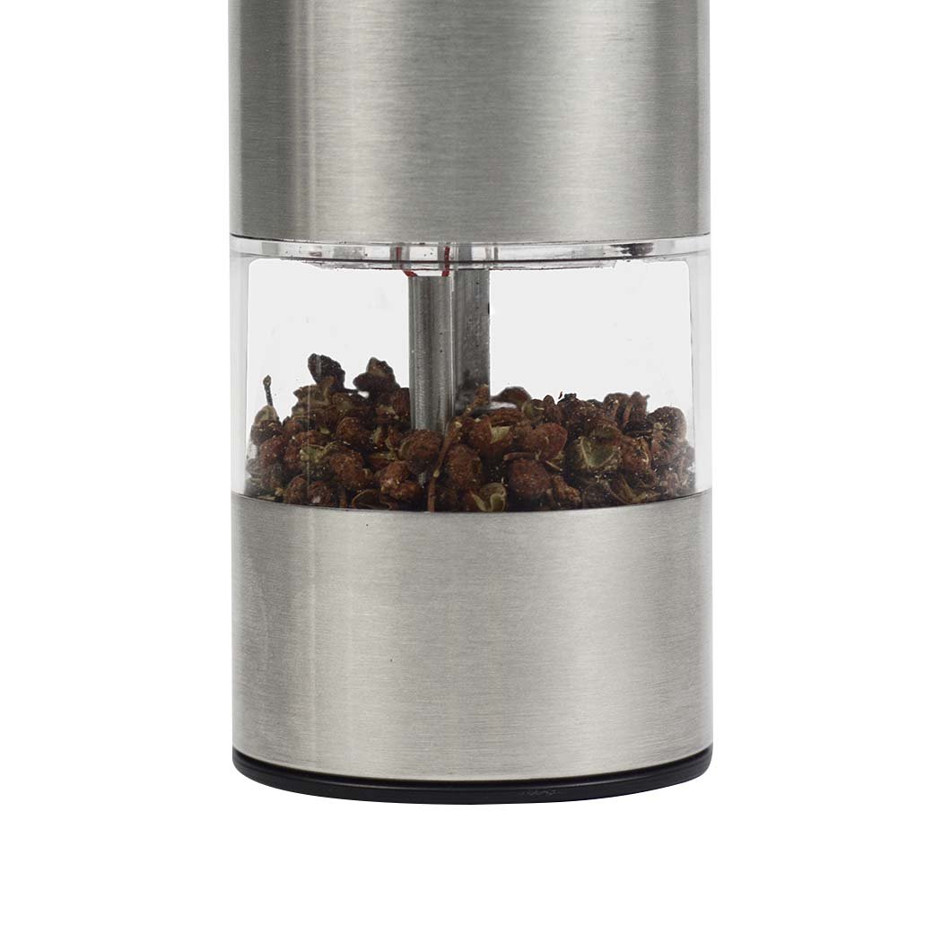 Stainless Steel Electric Salt Pepper Grinder Set with ceramic mills and shakers, showcasing a sleek brushed finish and clear viewing window.