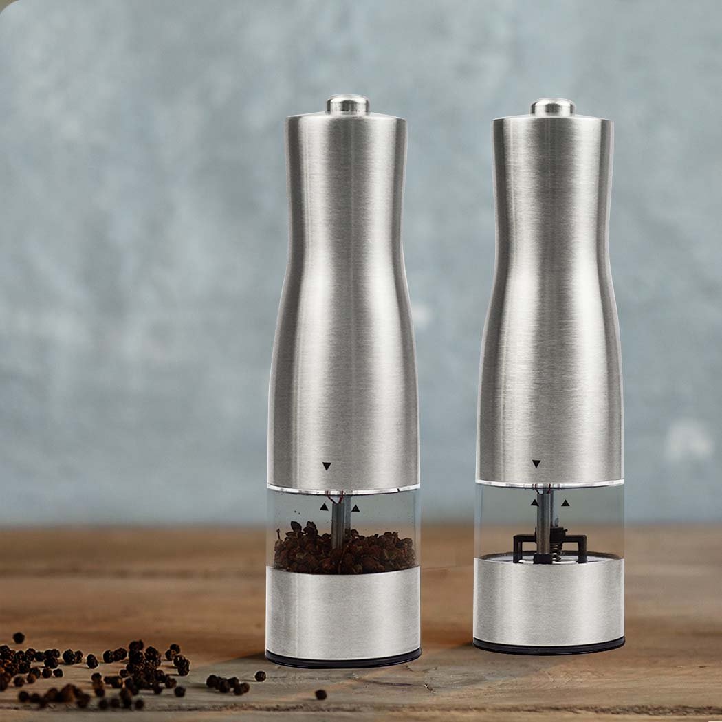 Stainless Steel Electric Salt Pepper Grinder Set with ceramic mills and shakers, showcasing a sleek brushed finish and clear viewing window.