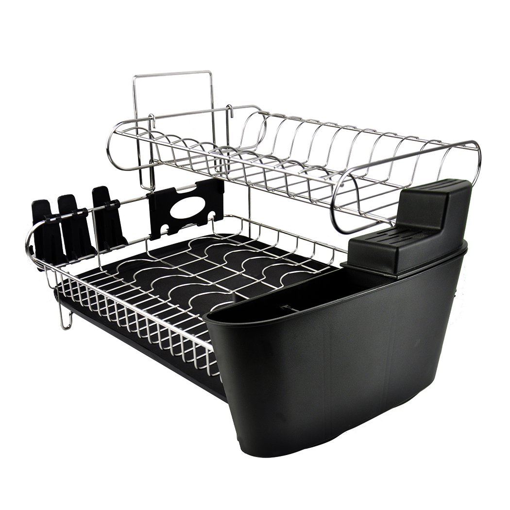 A sleek stainless steel kitchen dish rack with removable utensils holder, featuring heavy-duty wires and non-slip feet.