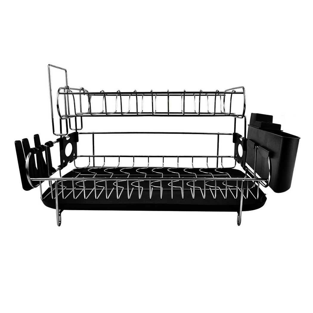 A sleek stainless steel kitchen dish rack with removable utensils holder, featuring heavy-duty wires and non-slip feet.