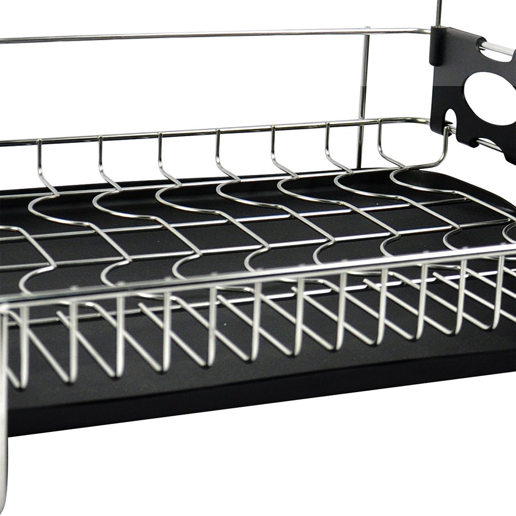 A sleek stainless steel kitchen dish rack with removable utensils holder, featuring heavy-duty wires and non-slip feet.