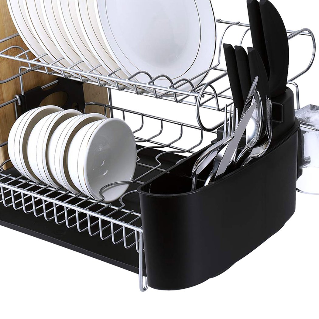 A sleek stainless steel kitchen dish rack with removable utensils holder, featuring heavy-duty wires and non-slip feet.