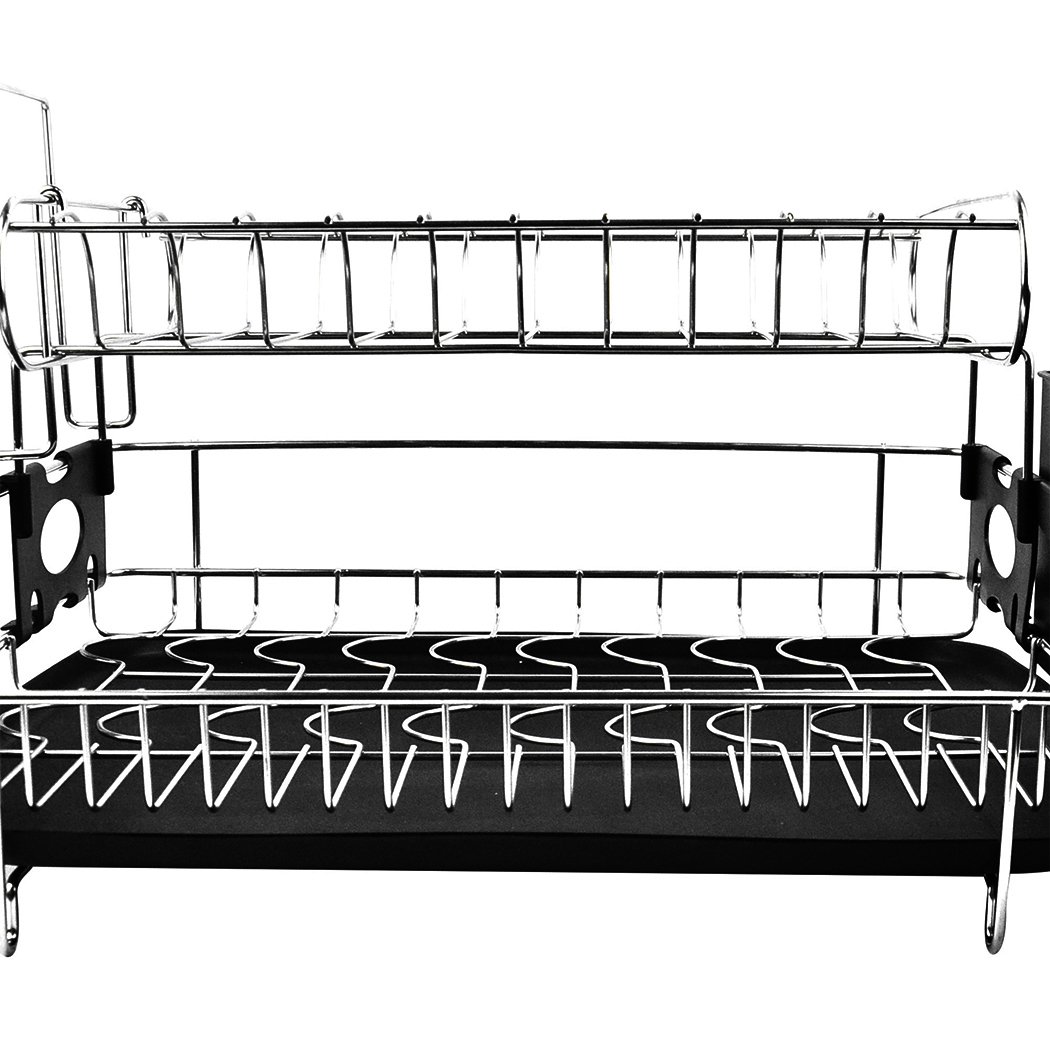 A sleek stainless steel kitchen dish rack with removable utensils holder, featuring heavy-duty wires and non-slip feet.