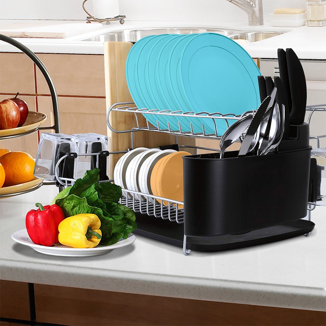 A sleek stainless steel kitchen dish rack with removable utensils holder, featuring heavy-duty wires and non-slip feet.