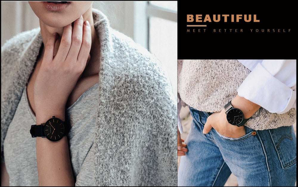 A stylish black ladies watch featuring a stainless steel mesh band and a round 36mm case, showcasing a sleek design with Japan quartz movement.