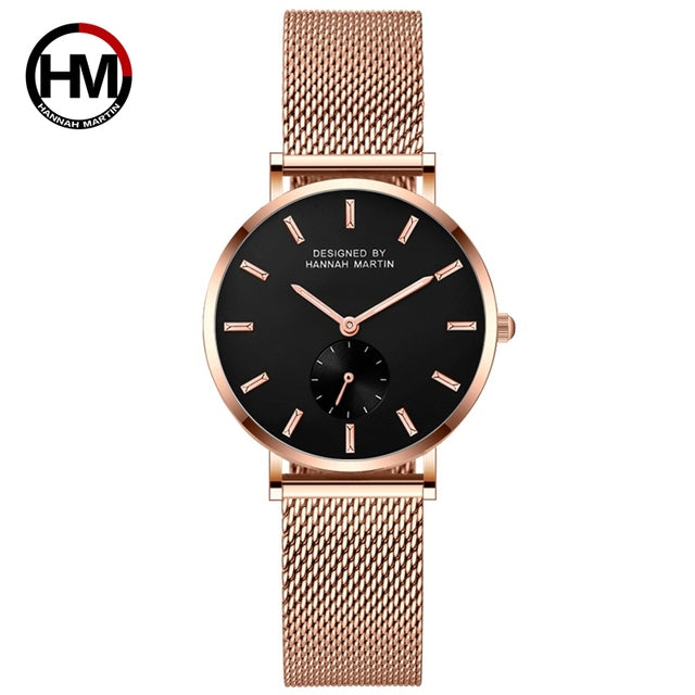 A stylish black ladies watch featuring a stainless steel mesh band and a round 36mm case, showcasing a sleek design with Japan quartz movement.