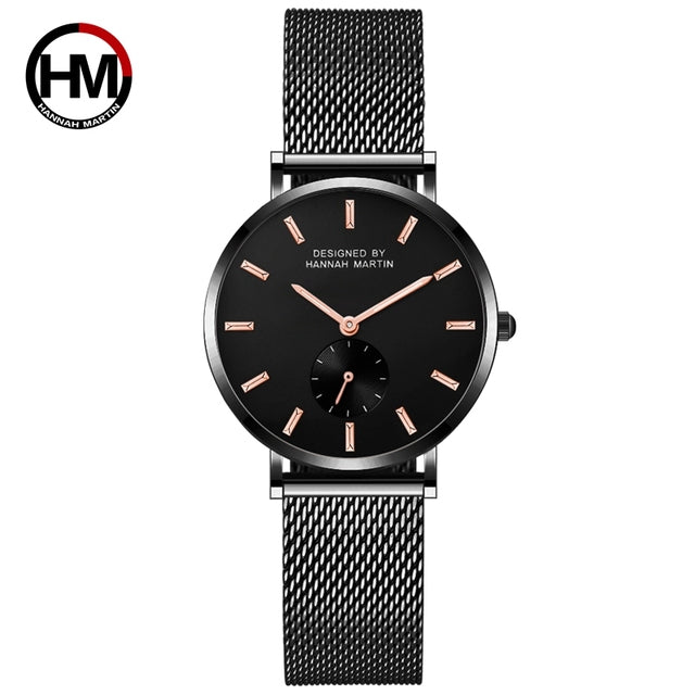 A stylish black ladies watch featuring a stainless steel mesh band and a round 36mm case, showcasing a sleek design with Japan quartz movement.