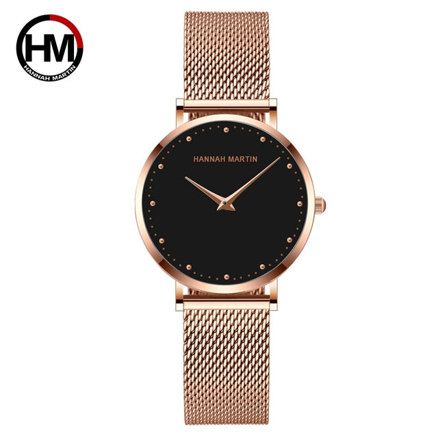 A stylish black ladies watch featuring a stainless steel mesh band and a round 36mm case, showcasing a sleek design with Japan quartz movement.