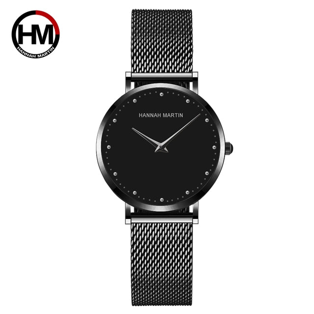 A stylish black ladies watch featuring a stainless steel mesh band and a round 36mm case, showcasing a sleek design with Japan quartz movement.