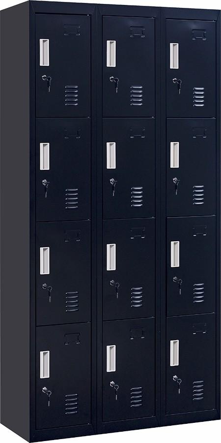 Black 12-door locker with standard locks, featuring 12 compartments for secure storage in an office or gym setting.