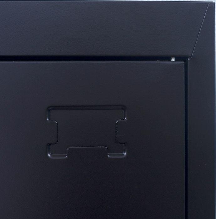 Black 12-door locker with standard locks, featuring 12 compartments for secure storage in an office or gym setting.