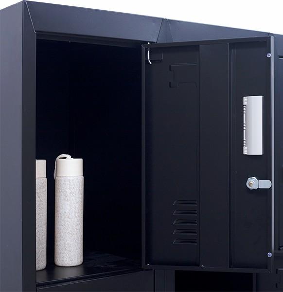 Black 12-door locker with standard locks, featuring 12 compartments for secure storage in an office or gym setting.