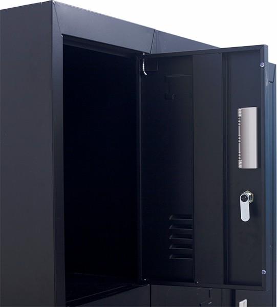 Black 12-door locker with standard locks, featuring 12 compartments for secure storage in an office or gym setting.