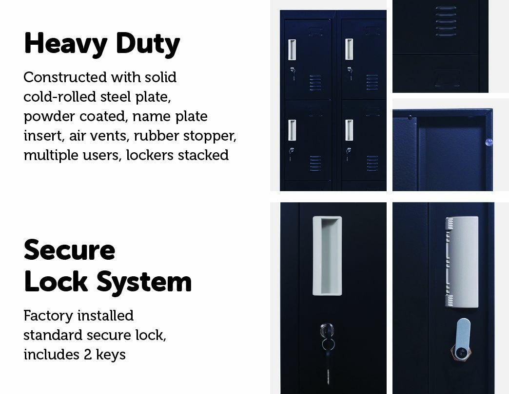 Black 12-door locker with standard locks, featuring 12 compartments for secure storage in an office or gym setting.