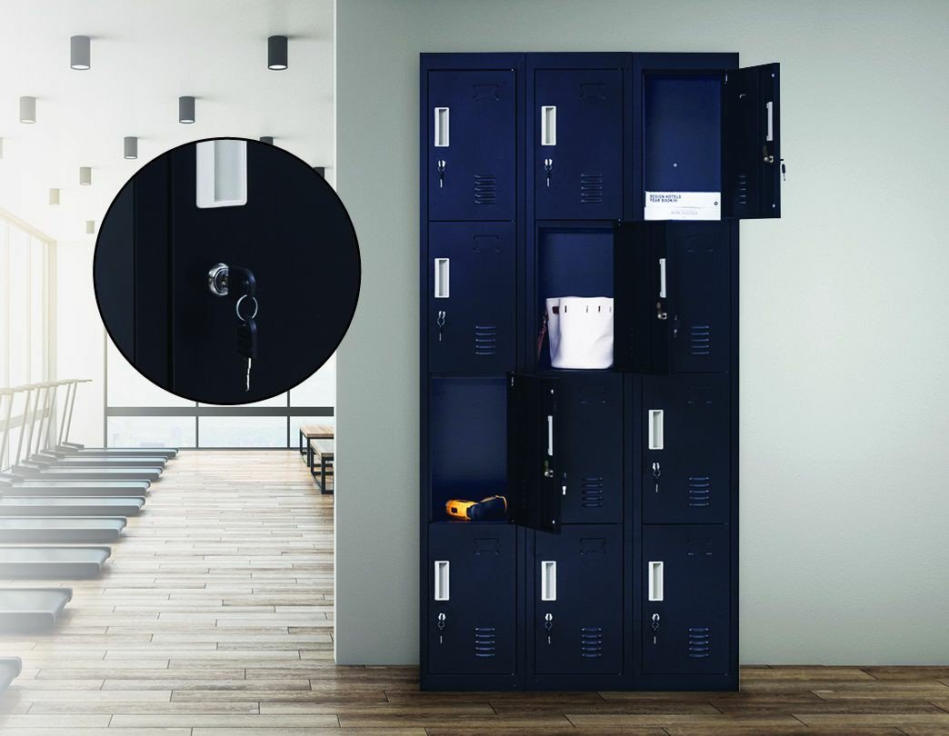 Black 12-door locker with standard locks, featuring 12 compartments for secure storage in an office or gym setting.