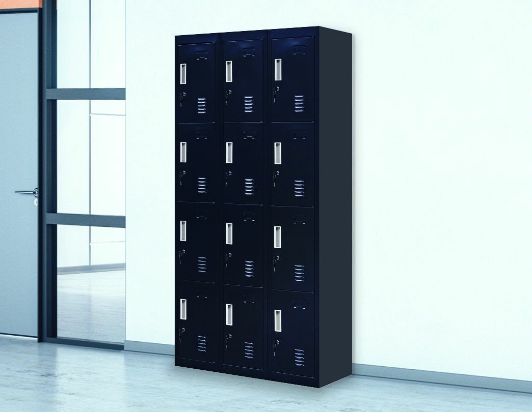 Black 12-door locker with standard locks, featuring 12 compartments for secure storage in an office or gym setting.