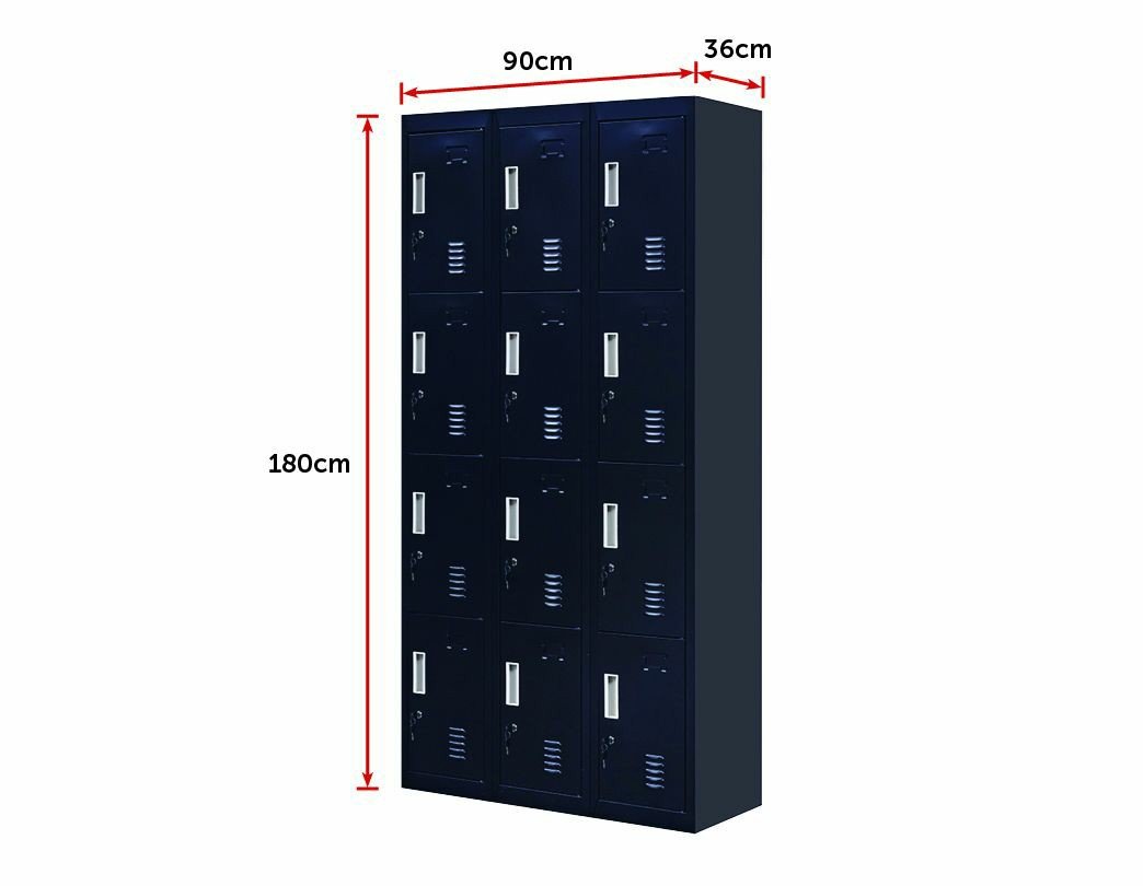 Black 12-door locker with standard locks, featuring 12 compartments for secure storage in an office or gym setting.