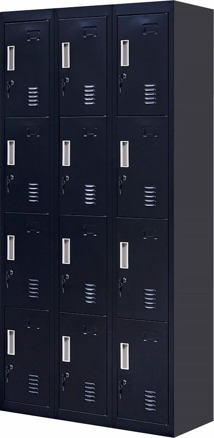 Black 12-door locker with standard locks, featuring 12 compartments for secure storage in an office or gym setting.