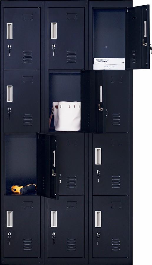 Black 12-door locker with standard locks, featuring 12 compartments for secure storage in an office or gym setting.