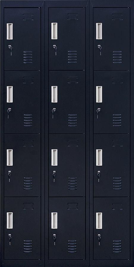 Black 12-door locker with standard locks, featuring 12 compartments for secure storage in an office or gym setting.