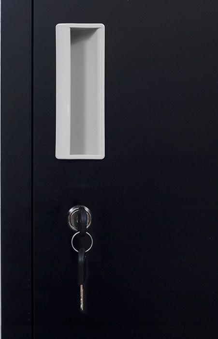 Black 12-door locker with standard locks, featuring 12 compartments for secure storage in an office or gym setting.