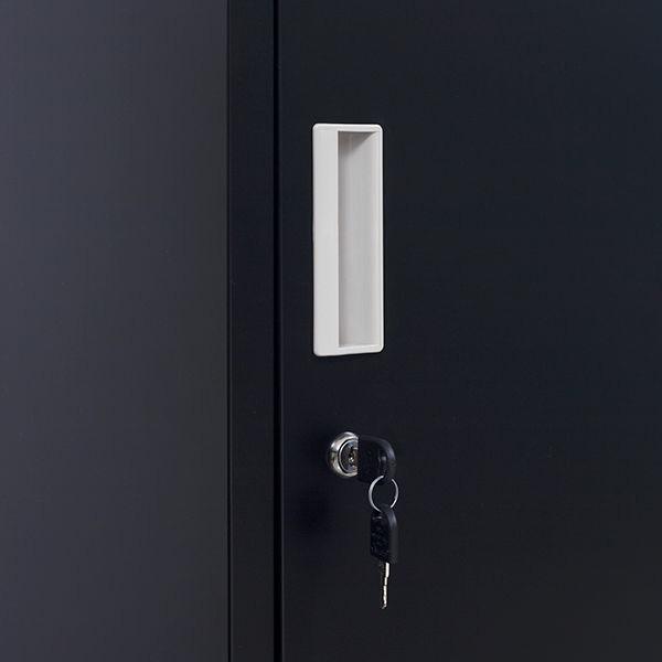 Black 12-door locker with standard locks, featuring 12 compartments for secure storage in an office or gym setting.