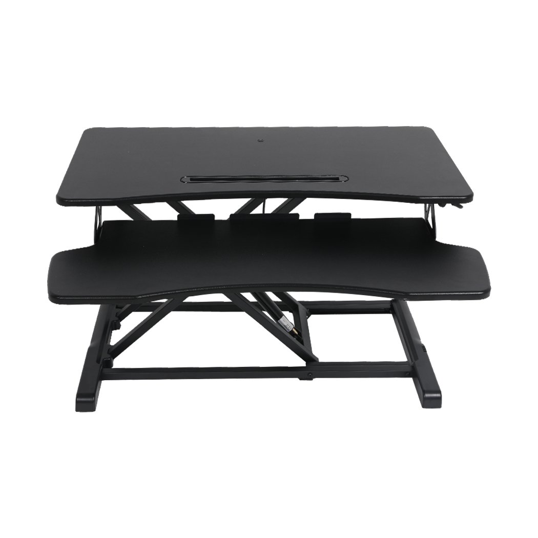 Height adjustable standing desk riser with two-tier design, featuring a sturdy top surface for monitors and a detachable lower deck for keyboard and mouse.