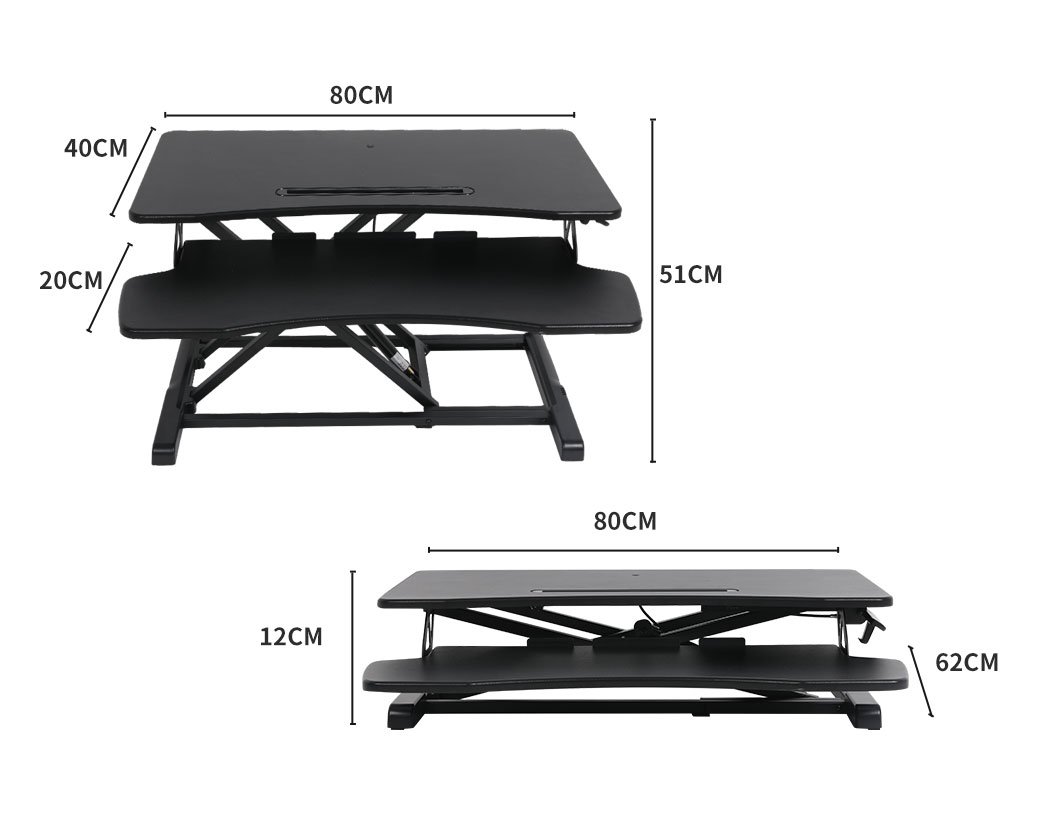 Height adjustable standing desk riser with two-tier design, featuring a sturdy top surface for monitors and a detachable lower deck for keyboard and mouse.