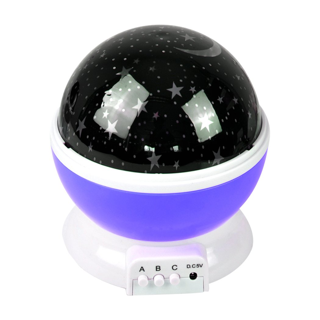 Star Moon Sky Starry Night Projector Light Lamp in purple, projecting a starry sky onto walls and ceiling, perfect for kids' bedrooms.