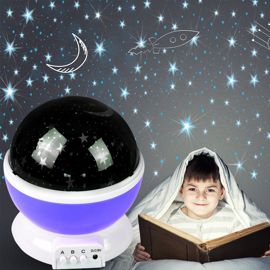 Star Moon Sky Starry Night Projector Light Lamp in purple, projecting a starry sky onto walls and ceiling, perfect for kids' bedrooms.