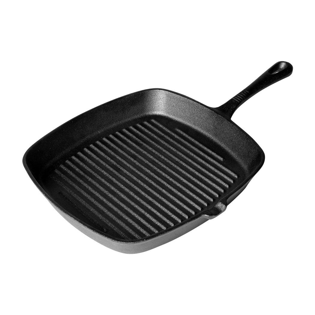 A sleek grey Steak Frying Pan made of FDA cast iron, featuring a non-stick ribbed surface and an anti-slip handle, ideal for gas and induction cookers.