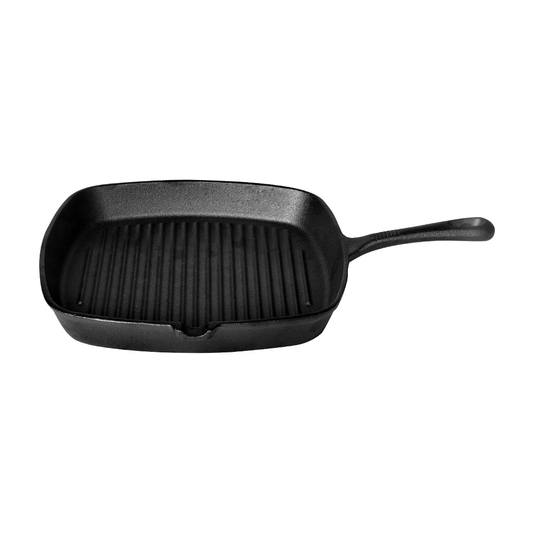 A sleek grey Steak Frying Pan made of FDA cast iron, featuring a non-stick ribbed surface and an anti-slip handle, ideal for gas and induction cookers.