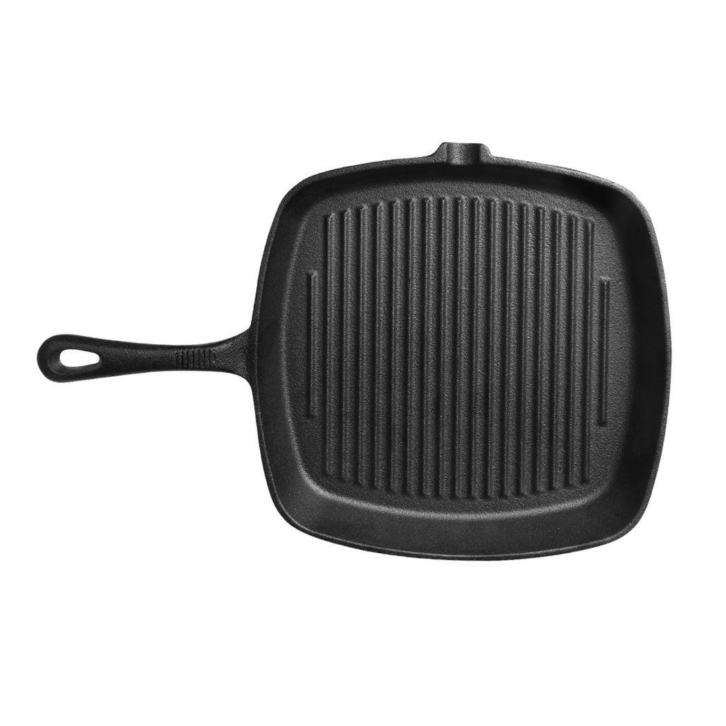 A sleek grey Steak Frying Pan made of FDA cast iron, featuring a non-stick ribbed surface and an anti-slip handle, ideal for gas and induction cookers.