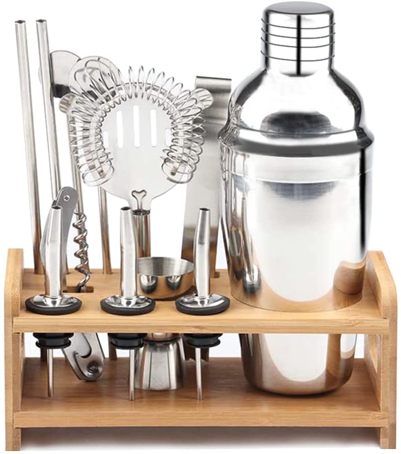 A complete 13-piece Steel Shaker Cocktail Bar Set Kit displayed on a wooden stand, showcasing various bar utensils including a shaker, measuring cup, and straws.