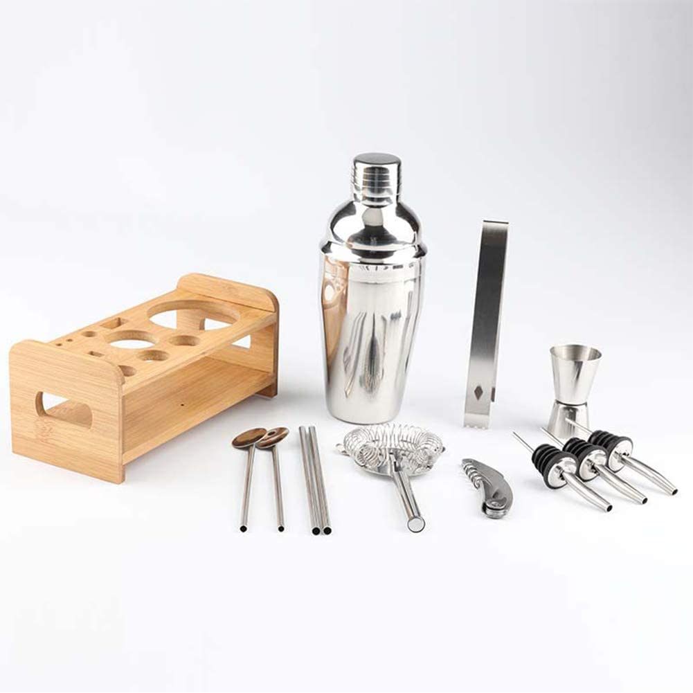 A complete 13-piece Steel Shaker Cocktail Bar Set Kit displayed on a wooden stand, showcasing various bar utensils including a shaker, measuring cup, and straws.