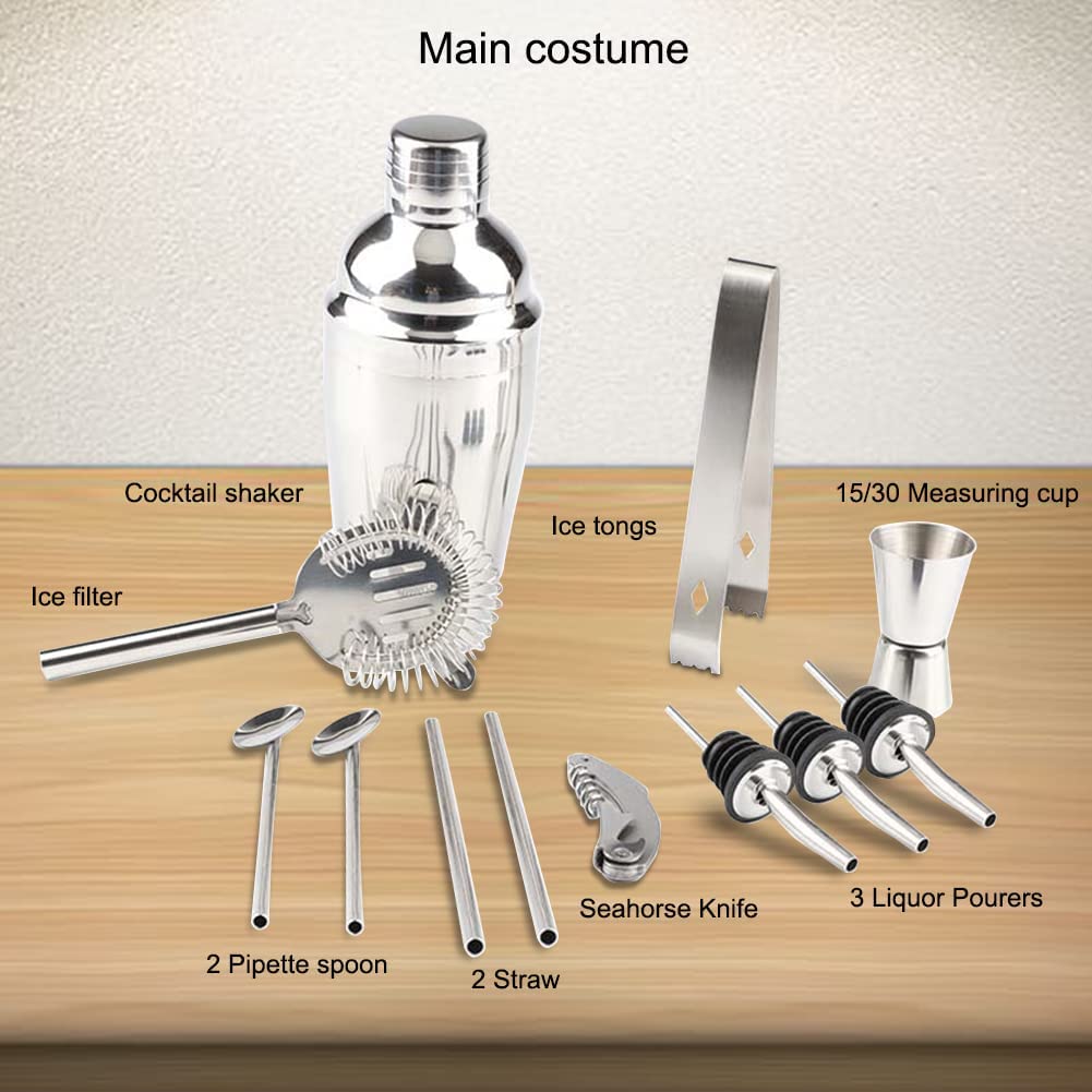 A complete 13-piece Steel Shaker Cocktail Bar Set Kit displayed on a wooden stand, showcasing various bar utensils including a shaker, measuring cup, and straws.