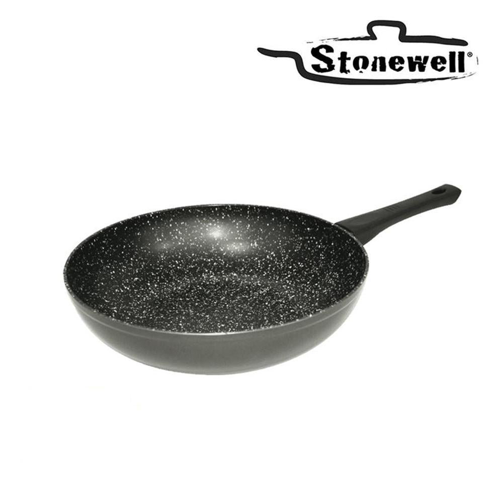 Stonewell 30cm Non-Stick Wok in black with a smooth stone surface, showcasing its large capacity and ergonomic Bakelite handle.