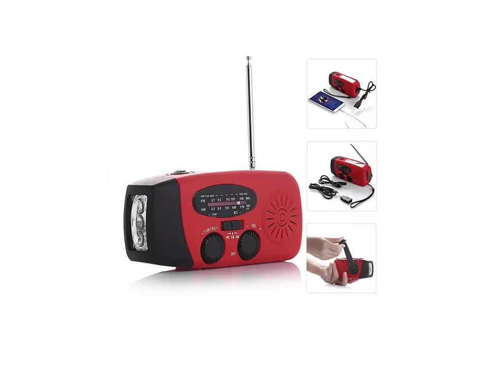 StormSafe Emergency Phone Charger with flashlight and weather radio, showcasing its compact design and multiple charging options.