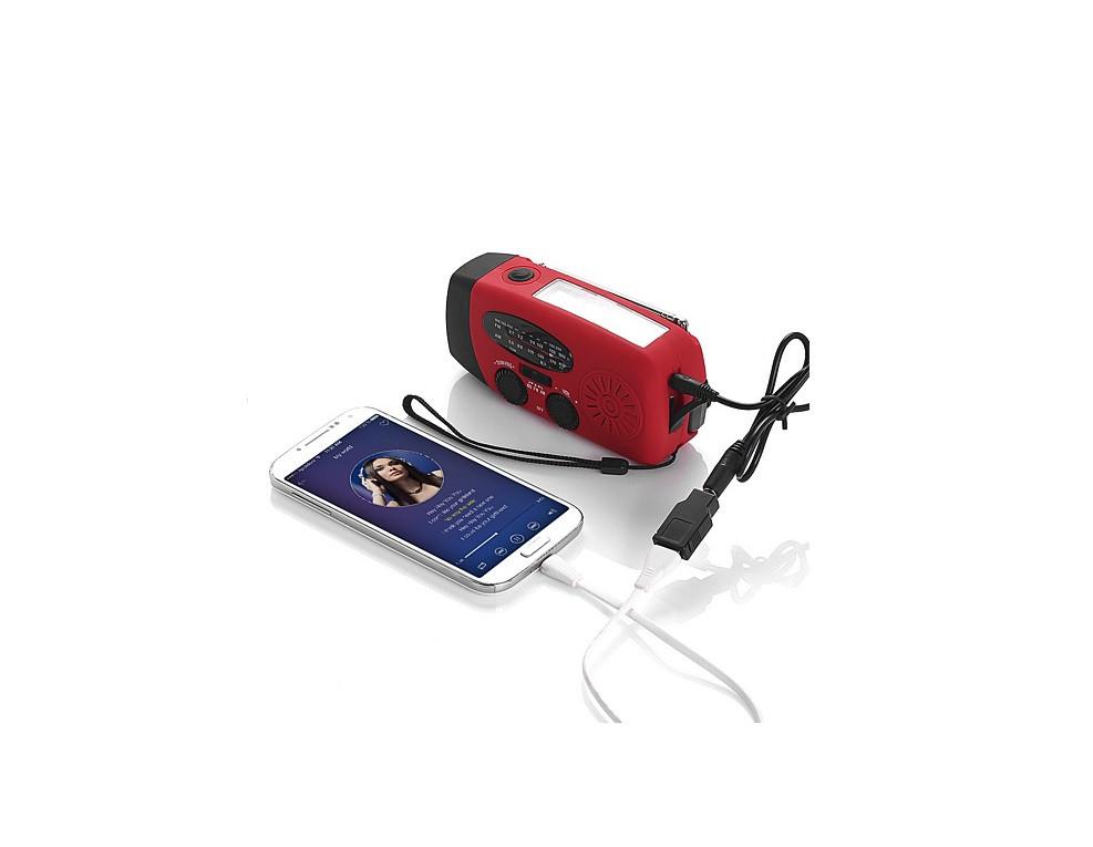 StormSafe Emergency Phone Charger with flashlight and weather radio, showcasing its compact design and multiple charging options.