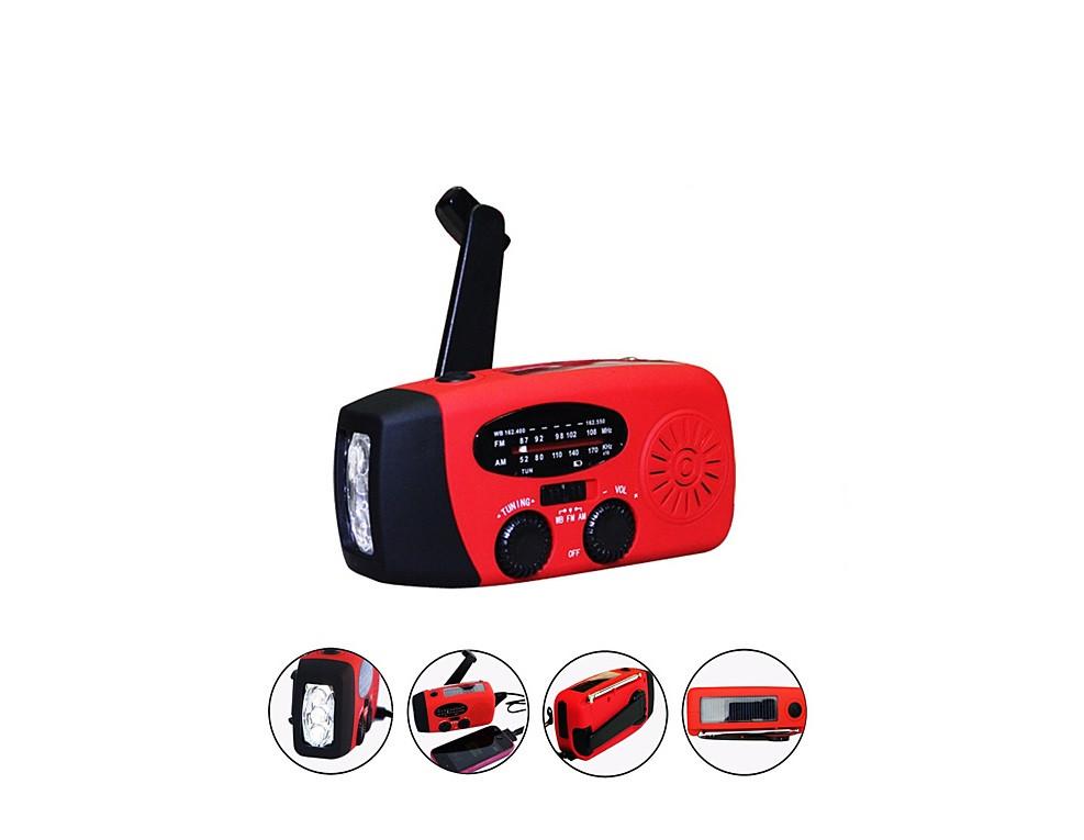 StormSafe Emergency Phone Charger with flashlight and weather radio, showcasing its compact design and multiple charging options.