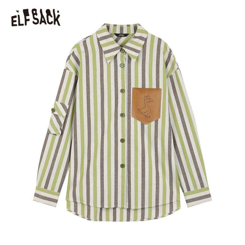 A stylish striped cartoon applique casual shirt for women, featuring a turn-down collar and full sleeves, perfect for autumn wear.