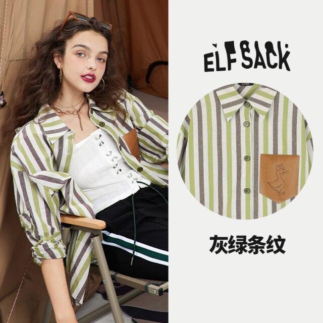 A stylish striped cartoon applique casual shirt for women, featuring a turn-down collar and full sleeves, perfect for autumn wear.