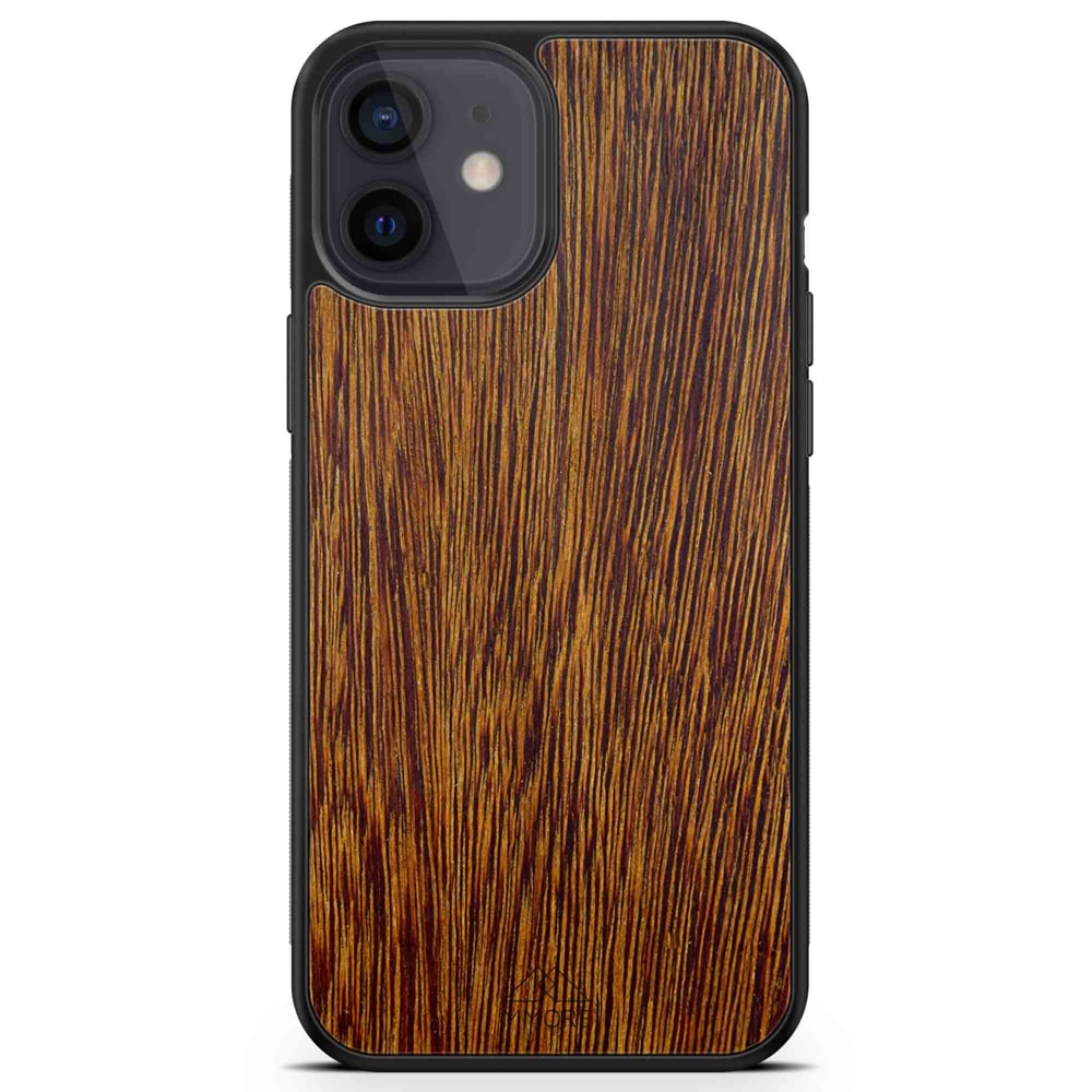 Sucupira wooden phone case held in hand, showcasing its unique grain and finish.