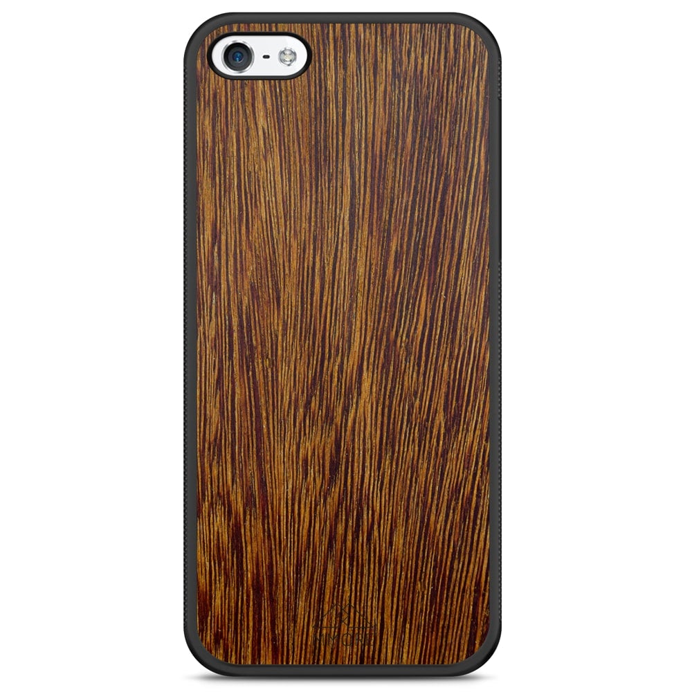 Sucupira wooden phone case held in hand, showcasing its unique grain and finish.