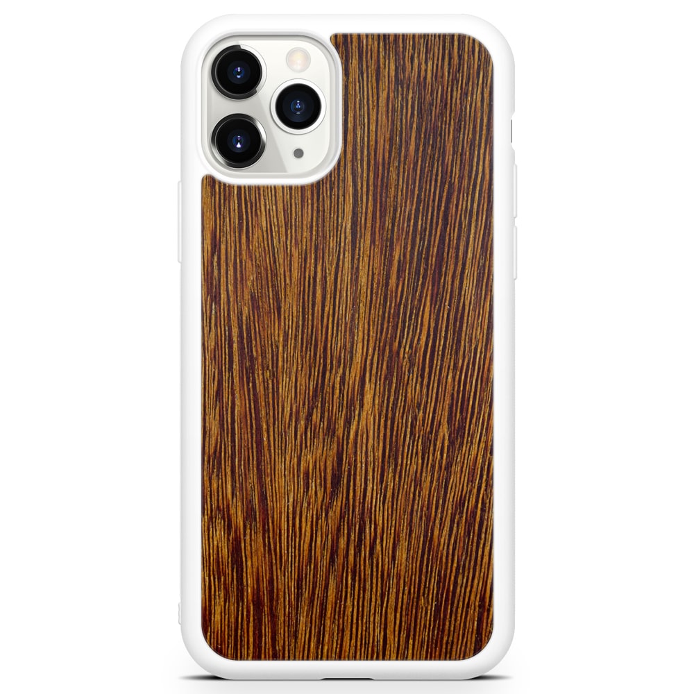 Sucupira wooden phone case held in hand, showcasing its unique grain and finish.