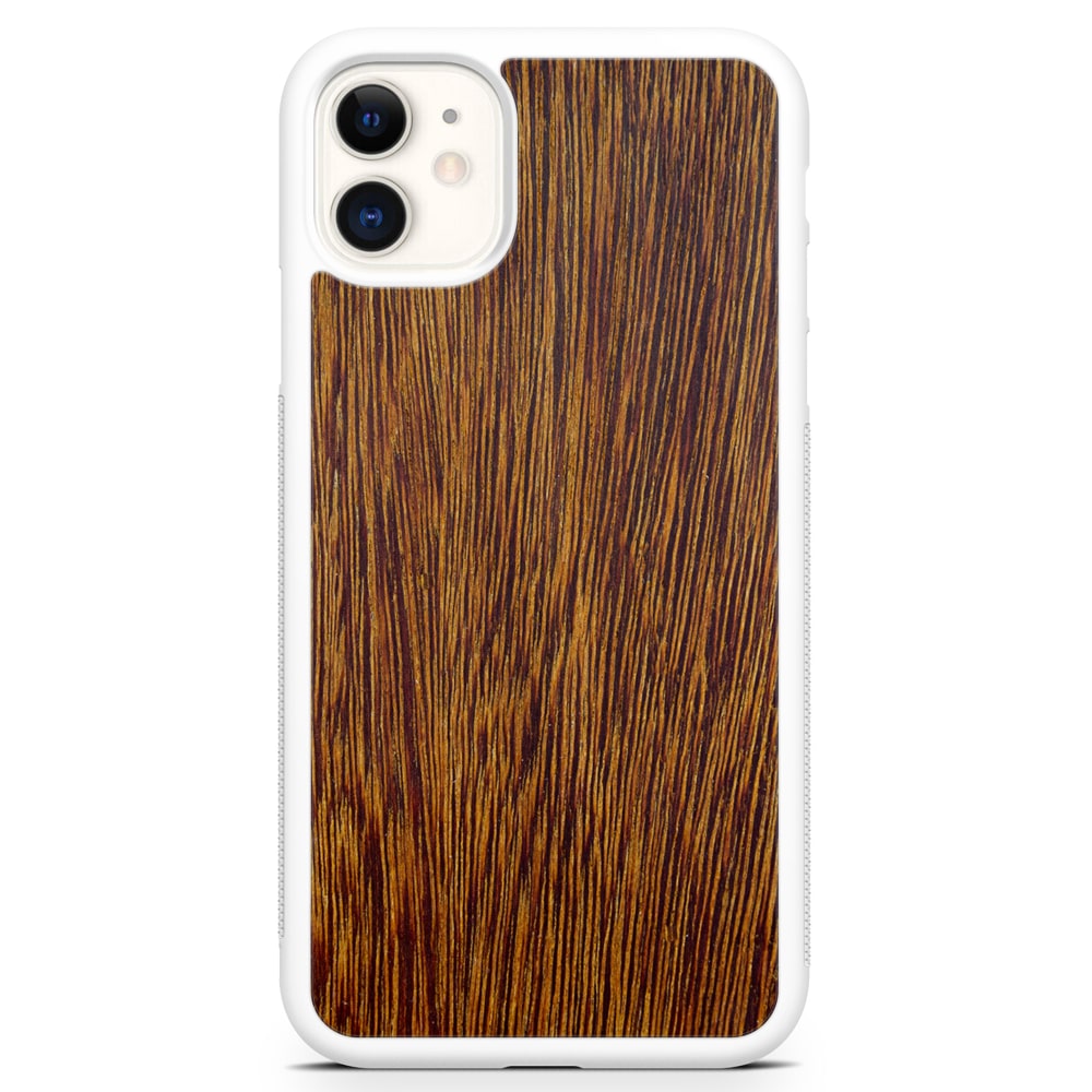 Sucupira wooden phone case held in hand, showcasing its unique grain and finish.