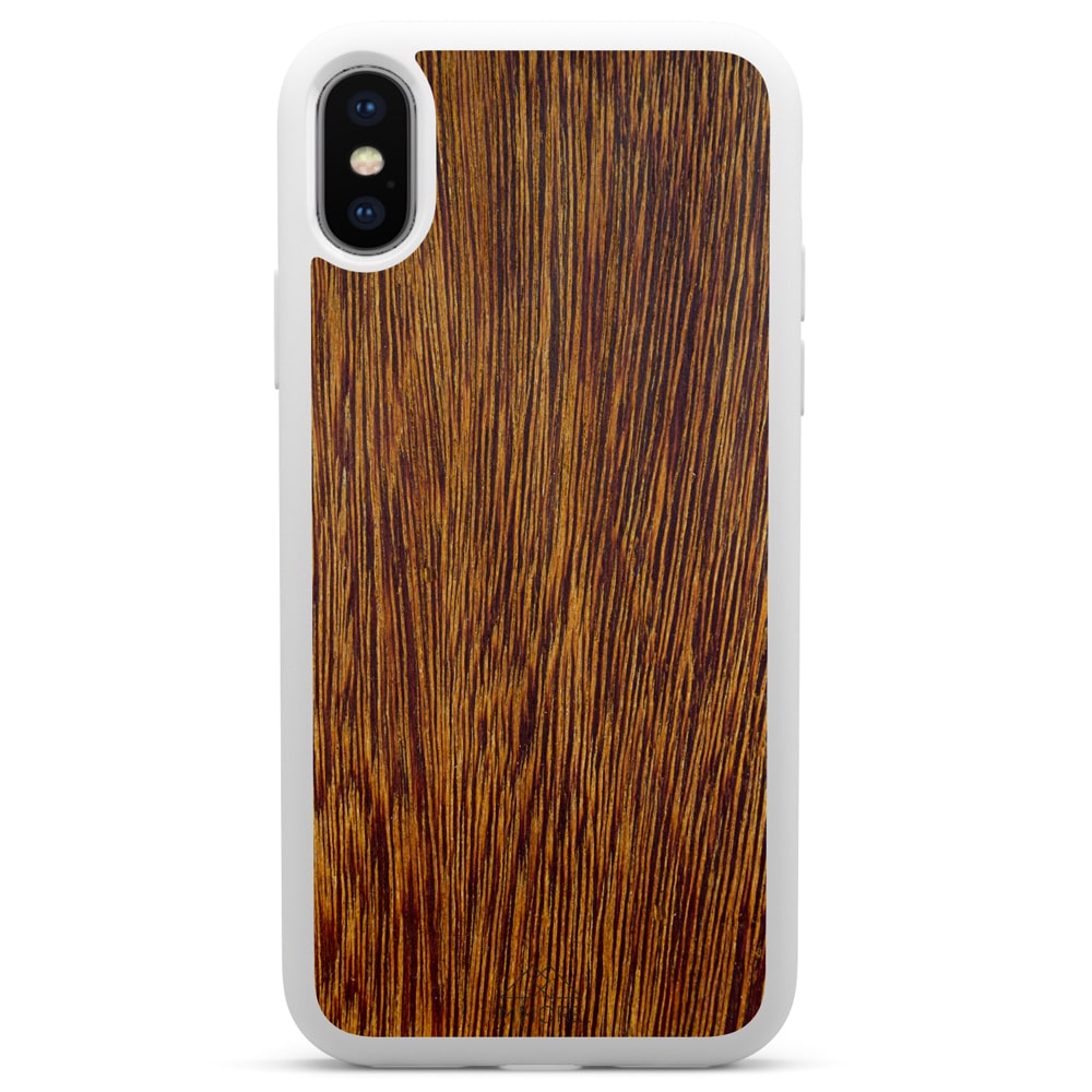 Sucupira wooden phone case held in hand, showcasing its unique grain and finish.