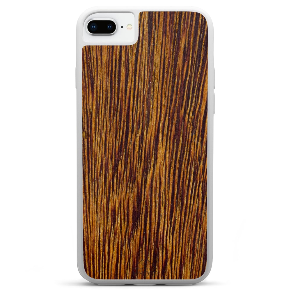 Sucupira wooden phone case held in hand, showcasing its unique grain and finish.